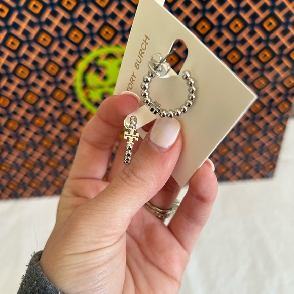 Tory Burch Beaded Small Hoop Earrings Huggie Earrings Silver - Picture 3 of 4